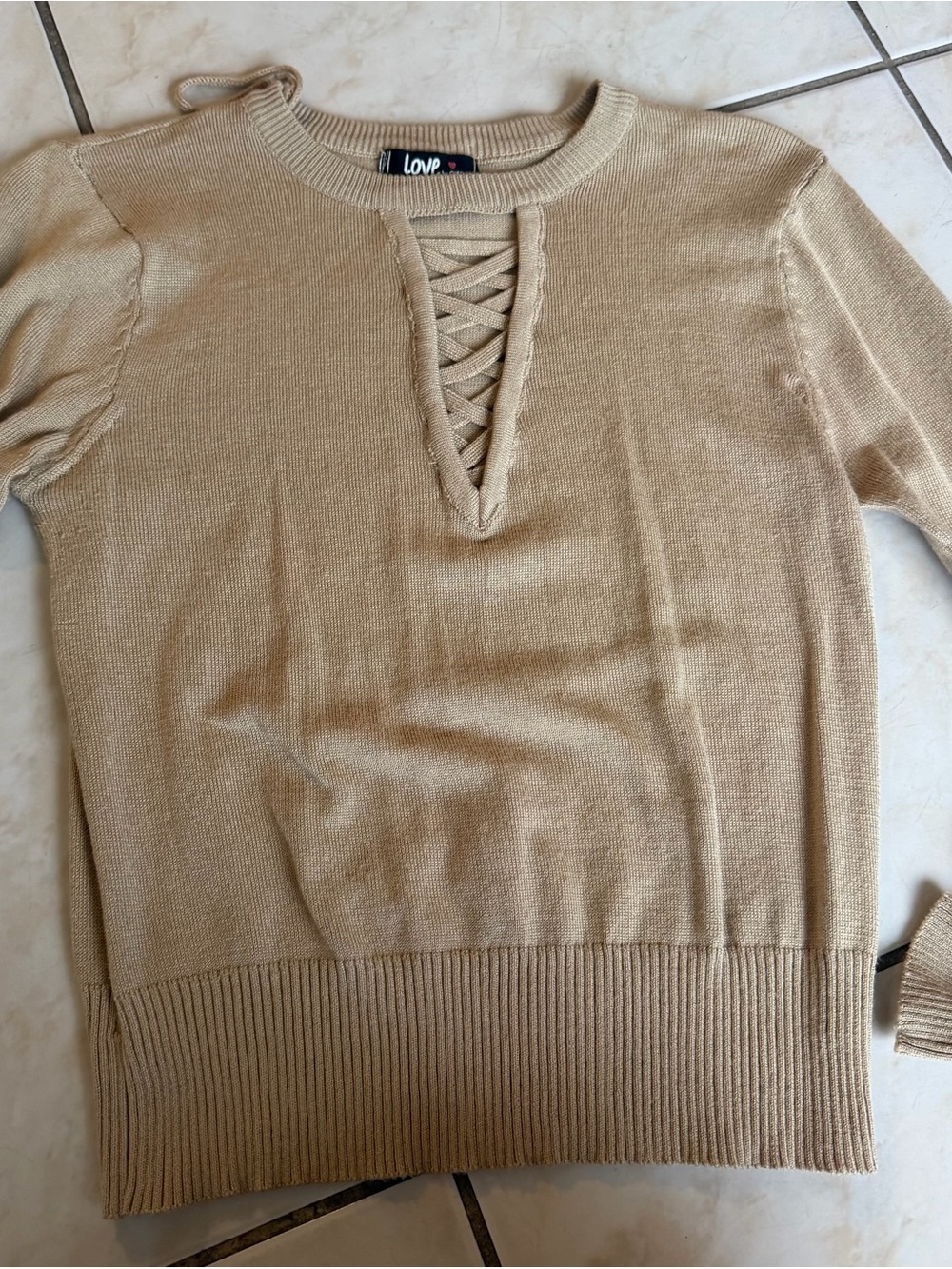 Chesley Beige Lace-Up V-Neck Knit Sweater